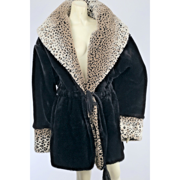 Vintage Black Faux Fur Shearling Coat Leopard Print Collar Cuffs Plush Size M - Picture 1 of 14